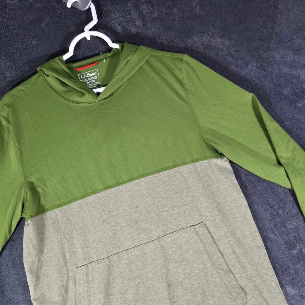 LL Bean Mens Hoodie S Small Pullover Long Sleeve Green Gray‎ Color Block Top